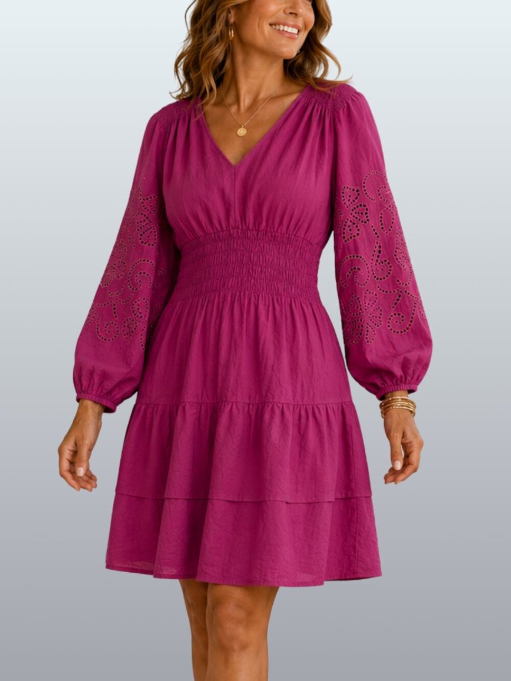 INC Smocked Eyelet Sleeve Linen Blend Mini Dress Magenta XL Boho Festival NWOT